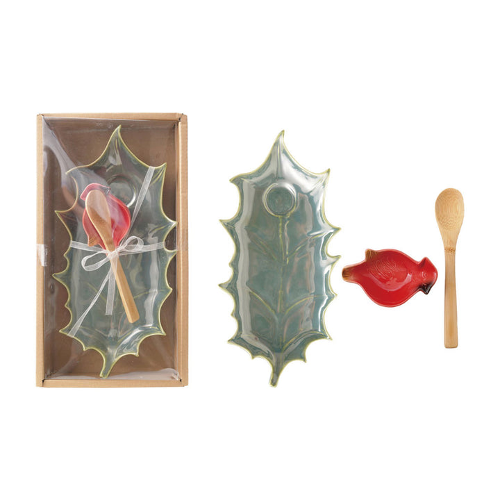 Stoneware Plate with Dish & Bamboo Spoon, Boxed Set of 3