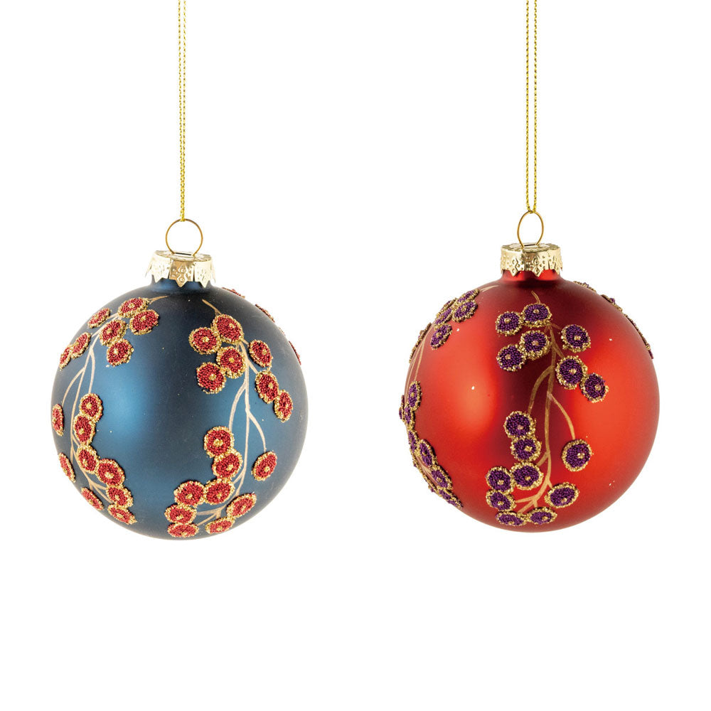 Glass Ball Ornament with Botanicals & Beads, 2 Colors